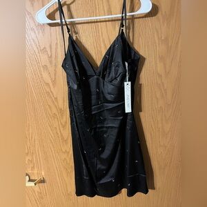 She + Sky Black Strapless Satin Slip Dress with Subtle Embellishments